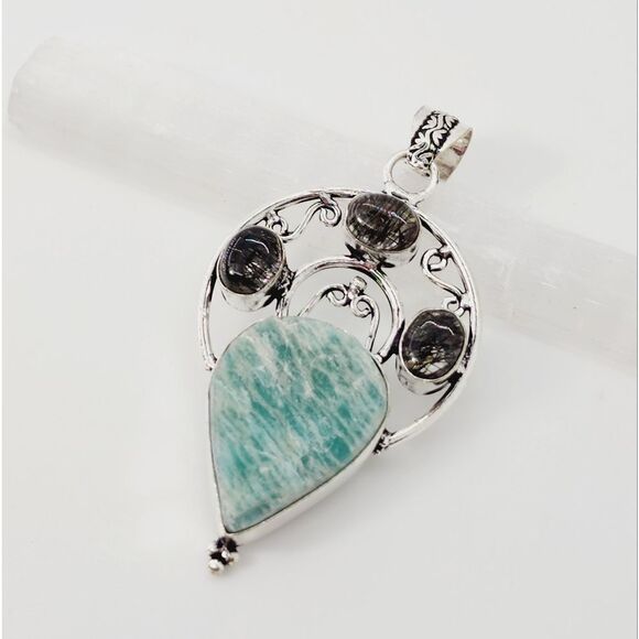 Amazonite Black Rutile Ethnic Handmade Pendant Jewelry 2.72" - Picture 3 of 4